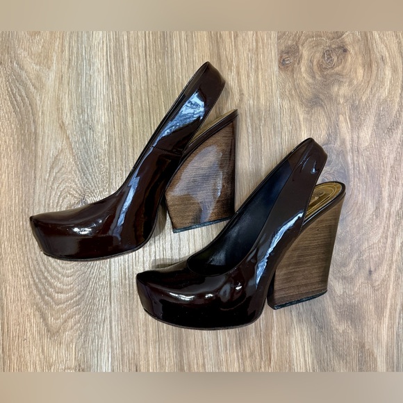 Gianmarco Lorenzi Dark Chocolate Patent Leather Slingback Platform Heels - Picture 3 of 7